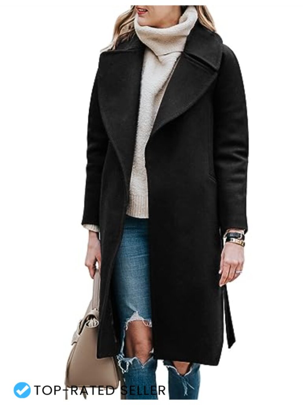 Wool Blend Pea Coat Long Trench Winter Jacket Belted Notch Lapel